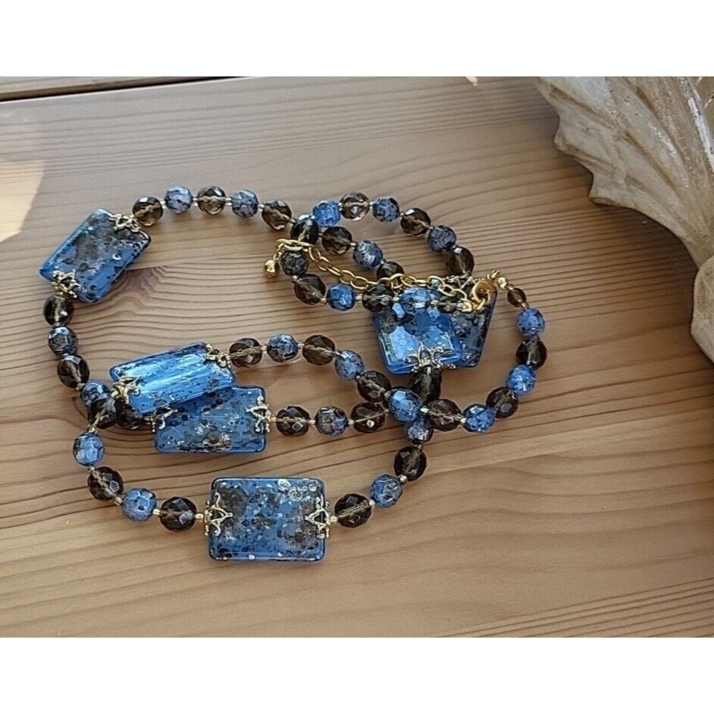 Joan Rivers Vintage Costume Necklace Crystal Brown Blue Confetti Lucite 38in